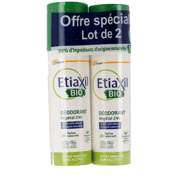 Déodorant spray végétal 24h bio sans aluminium Etiaxil - lot de 2 sprays de 100ml