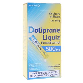 Doliprane Liquiz 500mg sans sucre suspension buvable arôme crème caramel - boîte de 12 sachets