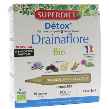 Drainaflore détox bio Superdiet - boîte de 20 unidoses de 15ml