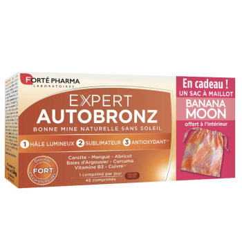 Expert Autobronz bonne mine naturelle Forté Pharma - boite de 45 comprimés + 1 sac à maillot de bain Banana Moon offert