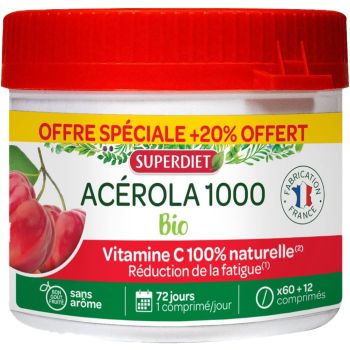 Acérola 1000 bio Super Diet - pot de 60 + 12 comprimés offerts