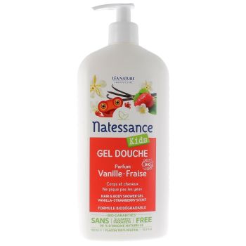 Gel douche vanille fraise Natessance Kids - flacon pompe de 500 ml