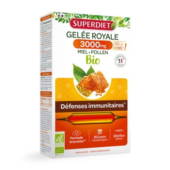 Gelée Royale 3000mg miel pollen bio Super Diet - boîte de 20 ampoules