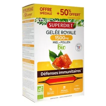 Gelée Royale Bio 1500 mg miel d'acacia pollen Super Diet - 20 ampoules de 15 ml