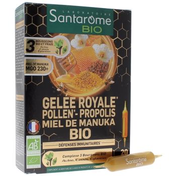 Gelée royale pollen propolis miel de Manuka bio Santarome - boîte de 20 ampoules