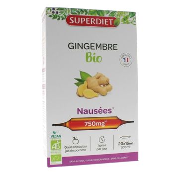 Gingembre bio Nausées, mal des transports SuperDiet - boîte de 20 ampoules de 15ml