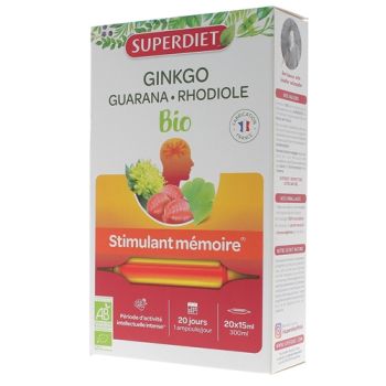 Ginkgo guarana rhodiole bio stimulant mémoire Super Diet - boîte de 20 ampoules