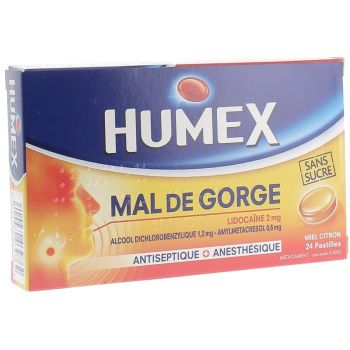 Humex mal de gorge lidocaïne miel citron sans sucre - boite de 24 pastilles