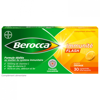 Berocca Immunité Flash Vitamine D, C, Zinc et Fer 30 comprimés effervescents