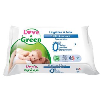 Lingettes à l'eau peaux sensibles Love & Green - paquet de 56 lingettes