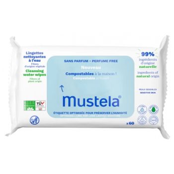 Lingettes nettoyantes compostables sans parfum Mustela - sachet de 60 lingettes