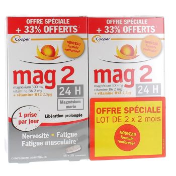 Mag2 24h Magnésium Marin Cooper - 2 boîtes de 45 comprimés + 30 offerts