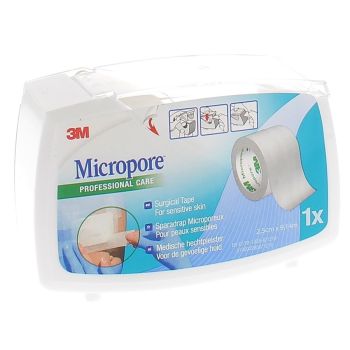 Micropore Sparadrap blanc avec dévidoir 3M - rouleau de 2,5 cm x 9,14 m