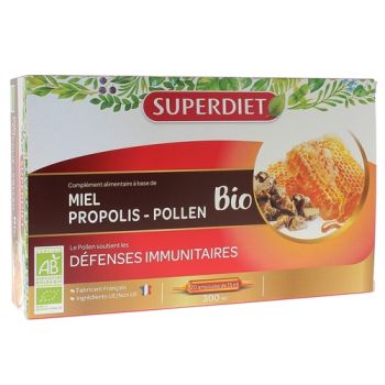 Miel d'Acacia, propolis, pollen bio Super Diet - boite de 20 ampoules