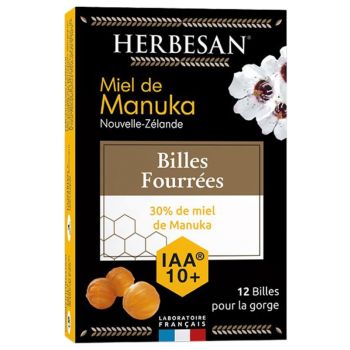 Miel de Manuka billes fourrées IAA 10+ Herbesan - boîte de 12 billes pour la gorge