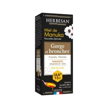 Miel de Manuka solution buvable gorges et bronches IAA 15+ Herbesan - flacon de 100ml