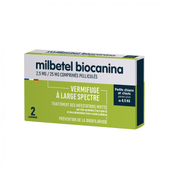 Milbetel 2,5mg/25mg vermifuge petits chiens et chiots +0,5kg Biocanina - boîte de 2 comprimés