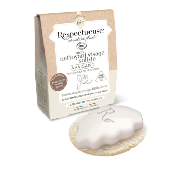 Mon nettoyant visage solide apaisant bio Respectueuse - pain de 35g + porte-savon végétal offert