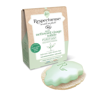 Mon nettoyant visage solide purifiant bio Respectueuse - pain de 35g + porte-savon végétal offert