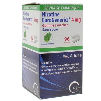 Nicotine 4mg menthe sans sucre gommes EuroGenerics EG Labo - boîte de 96 gommes