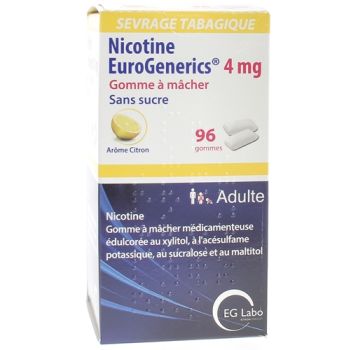 Nicotine EuroGenerics 4mg sans sucre arôme citron - boîte de 96 gommes à mâcher