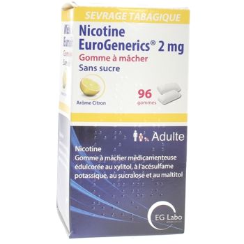 Nicotine EuroGenerics 2mg sans sucre arôme citron - boîte de 96 gommes à mâcher