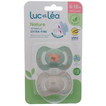 Nature sucettes anatomiques téterelle extra-fine 6-18 mois écureuil & beige Luc et Léa - lot de 2 sucettes