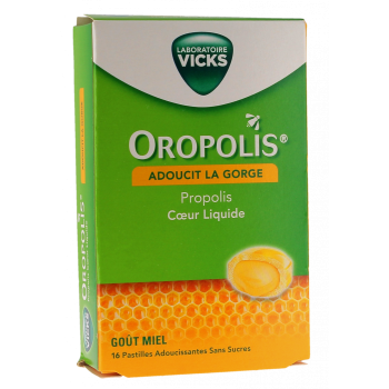 Oropolis coeur liquide goût miel sans sucres Vicks - boîte de 16 pastilles