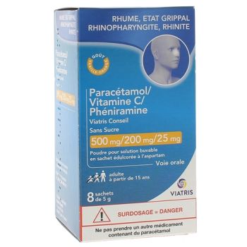 Paracétamol Vitamine C Phéniramine sans sucre Mylan - 8 sachets de 5g