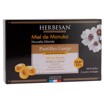 Pastilles gorge miel de manuka Herbesan - boite de 16 pastilles