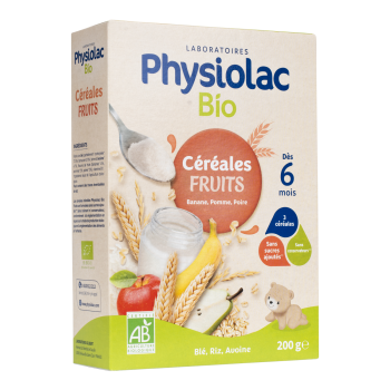 Physiolac bio céréales fruits dès 6 mois Gilbert - boite de 200 g