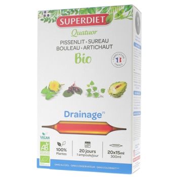 Quatuor BIO Drainage : pissenlit, sureau, bouleau, artichaut Super Diet - 20 ampoules