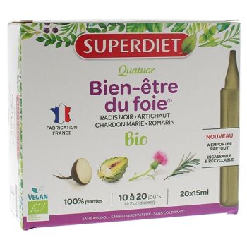 Quatuor Bien-être du foie bio Superdiet - boîte de 20 unidoses de 15ml