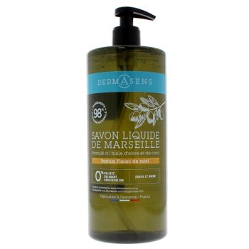 Dermasens Savon liquide de Marseille parfum fleurs de miel Marque Verte - flacon-pompe de 1L