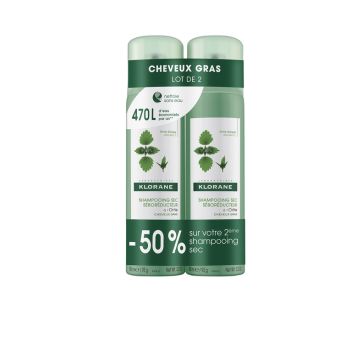 Shampooing sec séboréducteur à l'ortie Klorane - lot de 2 sprays de 150 ml