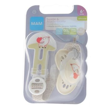 Sucette Perfect + attache-sucette silicone Colors of nature 6 mois et + Mam - attache sucette + sucette