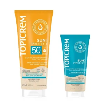 Sun Protect lait solaire hydratant SPF50+ Topicrem - tube de 200ml + gelée fraîche 50ml offerte