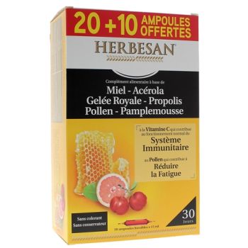 Système immunitaire réduction de la fatigue Herbesan - Boite de 20 ampoules + 10 offertes