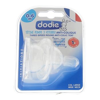 Tétine ronde 3 vitesses anti-colique col large 0-6 mois débit 1 Dodie - deux tétines