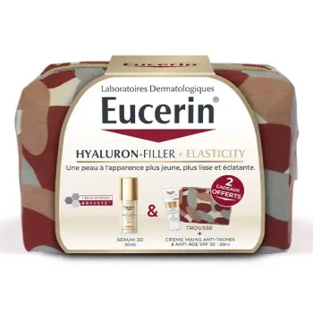 Trousse Hyaluron-Filler + elasticity sérum 3D Eucerin - flacon-pompe de30ml + crème mains 20ml et trousse offerte