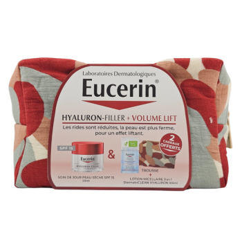 Trousse Hyaluron-Filler + volume lift soin de jour peaux sèches Eucerin - pot de 50ml + DermatoCLEAN 100ml et trousse offerte