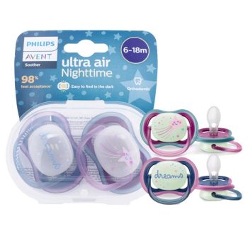 Ultra Air Nighttime Sucettes orthodontiques nuit 6-18 mois Philips Avent - lot de 2 sucettes