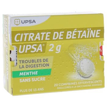 Citrate de bétaine 2g menthe sans sucre UPSA - boite de 20 comprimés effervescents