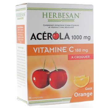 Acérola 1000 mg + vitamine C 180 mg Herbesan - boite de 30 comprimés à croquer