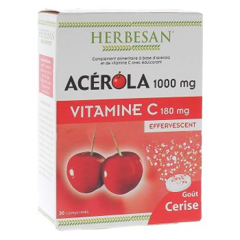 Acérola 1000 mg + vitamine C 180 mg Herbesan - boîte de 30 comprimés effervescents