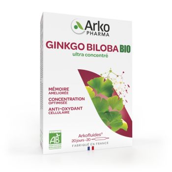 Arkofluides Ginkgo Biloba mémoire concentration bio Arkopharma - boite de 20 ampoules