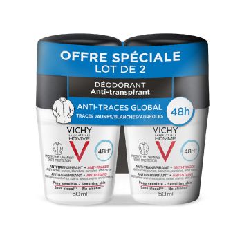 Déodorant homme anti-transpirant anti-traces global Vichy - lot de 2 flacons de 50 ml