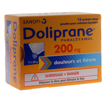 Doliprane 200 mg poudre pour solution buvable - boîte de 12 sachet-doses