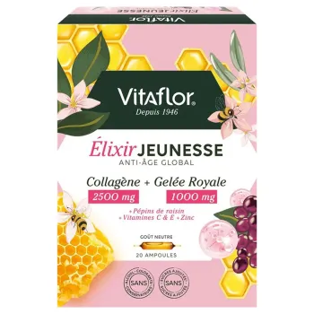 Élixir jeunesse anti-âge global goût neutre Vitalfor - boite de 20 ampoules