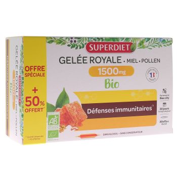 Gelée royale bio 1500 mg miel d'acacia pollen Super Diet - boite de 20 ampoules + 10 offertes